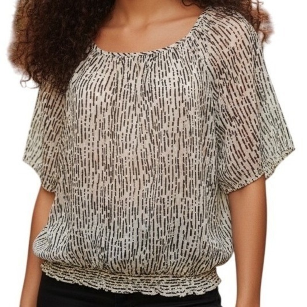 THE‎ LIMITED Beige Black Sketch Line Semi Sheer Dolman Sleeve Smocked Blouse M